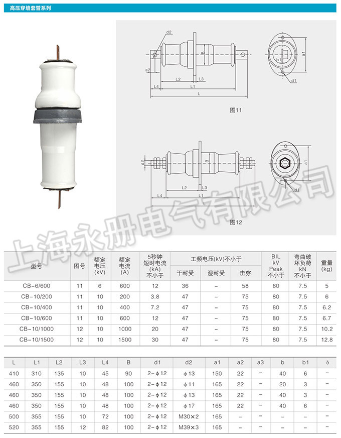 陶瓷高壓穿墻套管系列的外形及參數